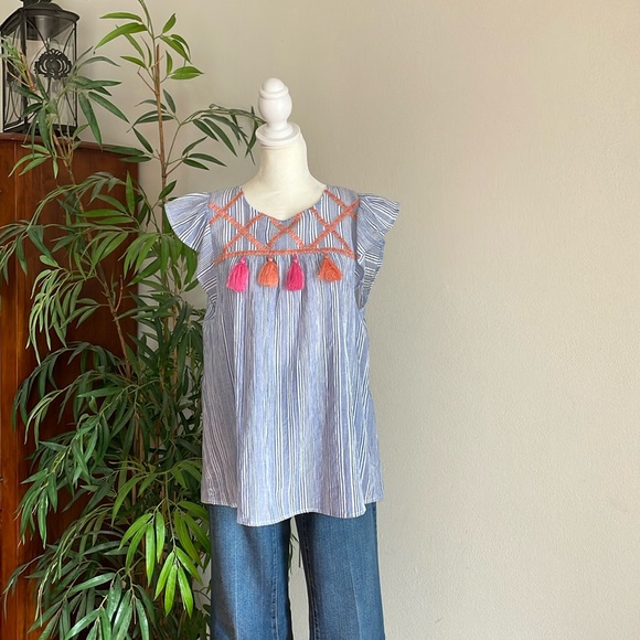 entro Tops - Entro Top Womens Medium Blue White Pink Striped Ruffle Cap Sleeve Babydoll Shirt